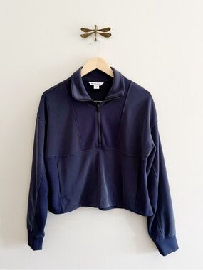 Athleta Seasoft Rib 1/4 Zip Popover Semi Cropped Sweatshirt in Navy Blue Small